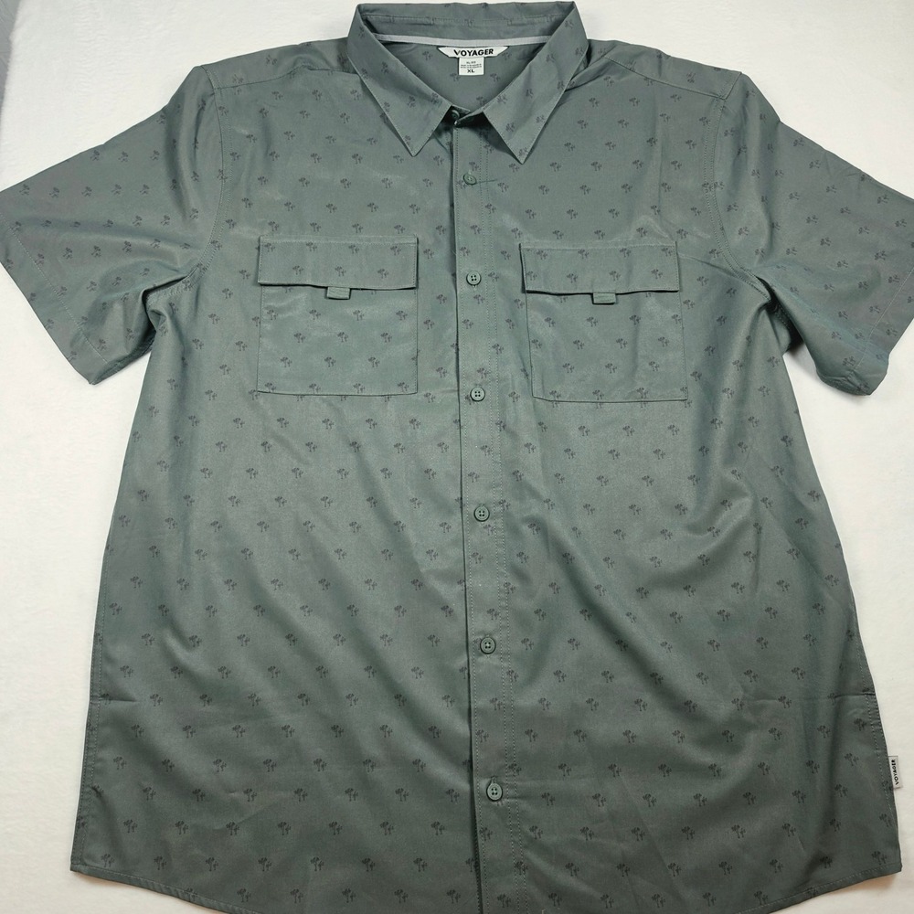 Voyager Mens XL Sage Green Palm Tree Print Short Sleeve Button Down Shirt